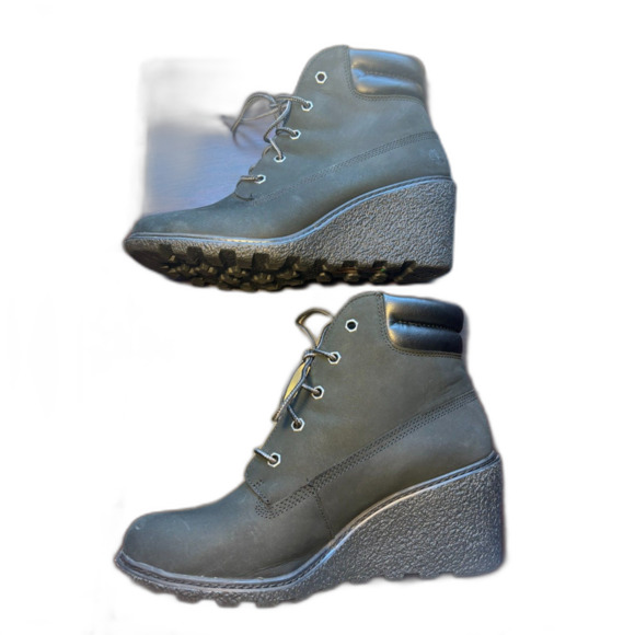 Timberland Women's Amston Wedge Booties Leather Suede Sz 9 Black Bikercore, Goth - Picture 2 of 9